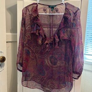 Ralph Lauren Sheer Paisley Ruffle Blouse